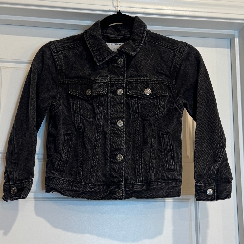 Old Navy Denim Trucker Jacket Kids Size S 6-7 Black Faded Cotton Button Front